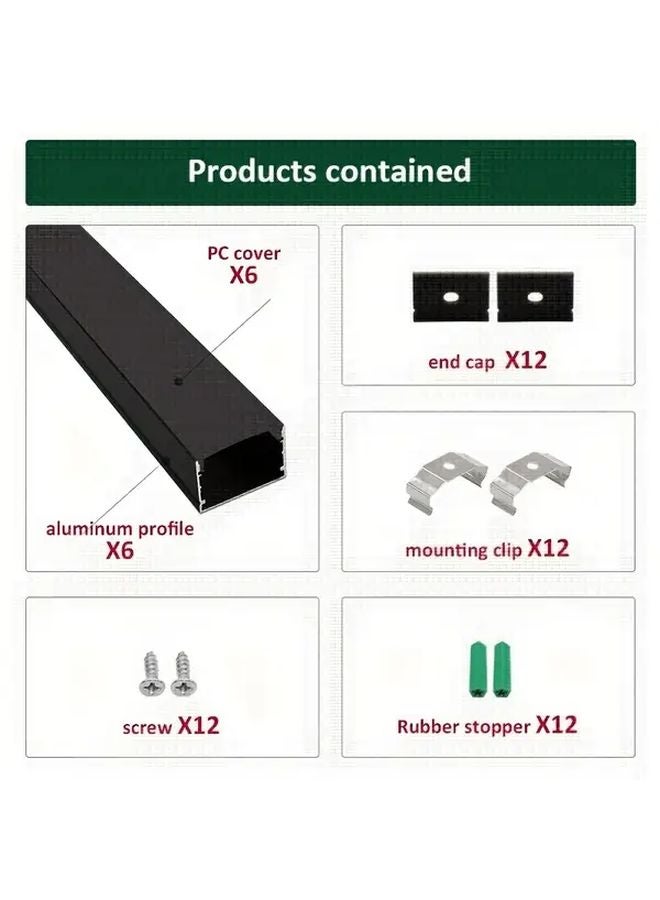 6Pcs Black Aluminum LED Channel System With Black Diffuser Cover Mounting Clip End Cap - Image 2